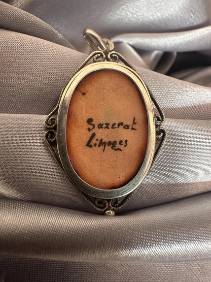 Antique Limoges Enamel Portrait Pendant – Signed Sazerat, Sterling Silver Setting