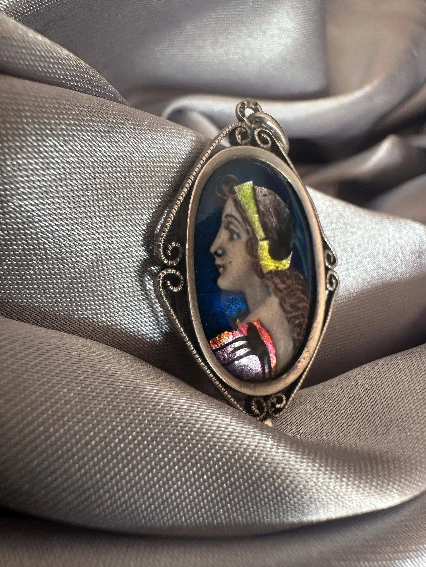 Antique Limoges Enamel Portrait Pendant – Signed Sazerat, Sterling Silver Setting