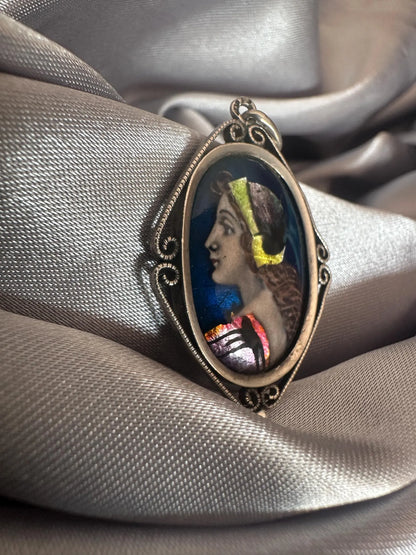 Antique Limoges Enamel Portrait Pendant – Signed Sazerat, Sterling Silver Setting