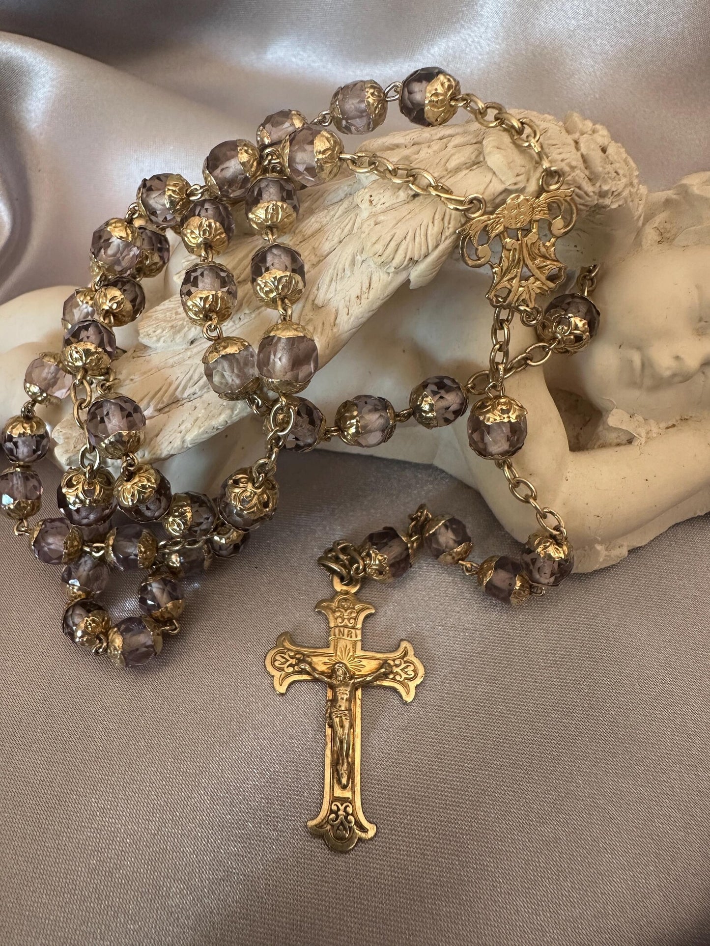 Antique French Vermeil Rosary – Faceted Light Purple Crystal Beads