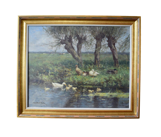 Antique Dutch School oil painting of ducks by Constant Artz, early 20th century, framed pastoral landscape with cows and trees.