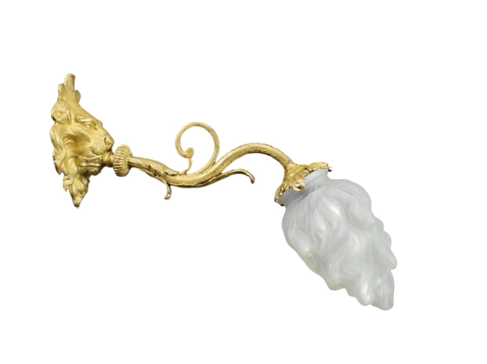 Antique French gilt bronze lion sconce with flame tulip glass shade – 19th-century wall lighting fixture