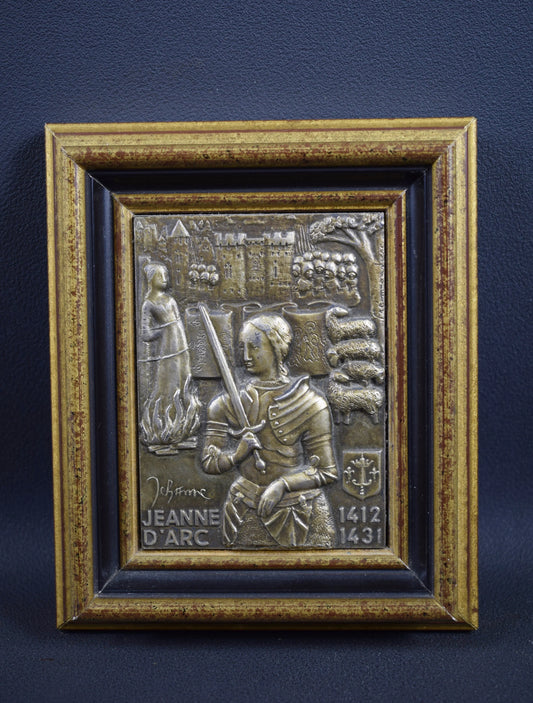 Vintage French Religious Sterling Silver Plaque Joan of Arc, Historical Commemorative Piece