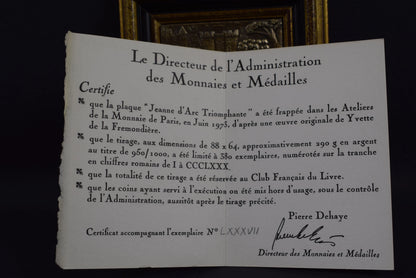 Vintage French Religious Sterling Silver Plaque Joan of Arc, Historical Commemorative Piece