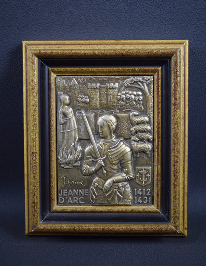 Vintage French Religious Sterling Silver Plaque Joan of Arc, Historical Commemorative Piece