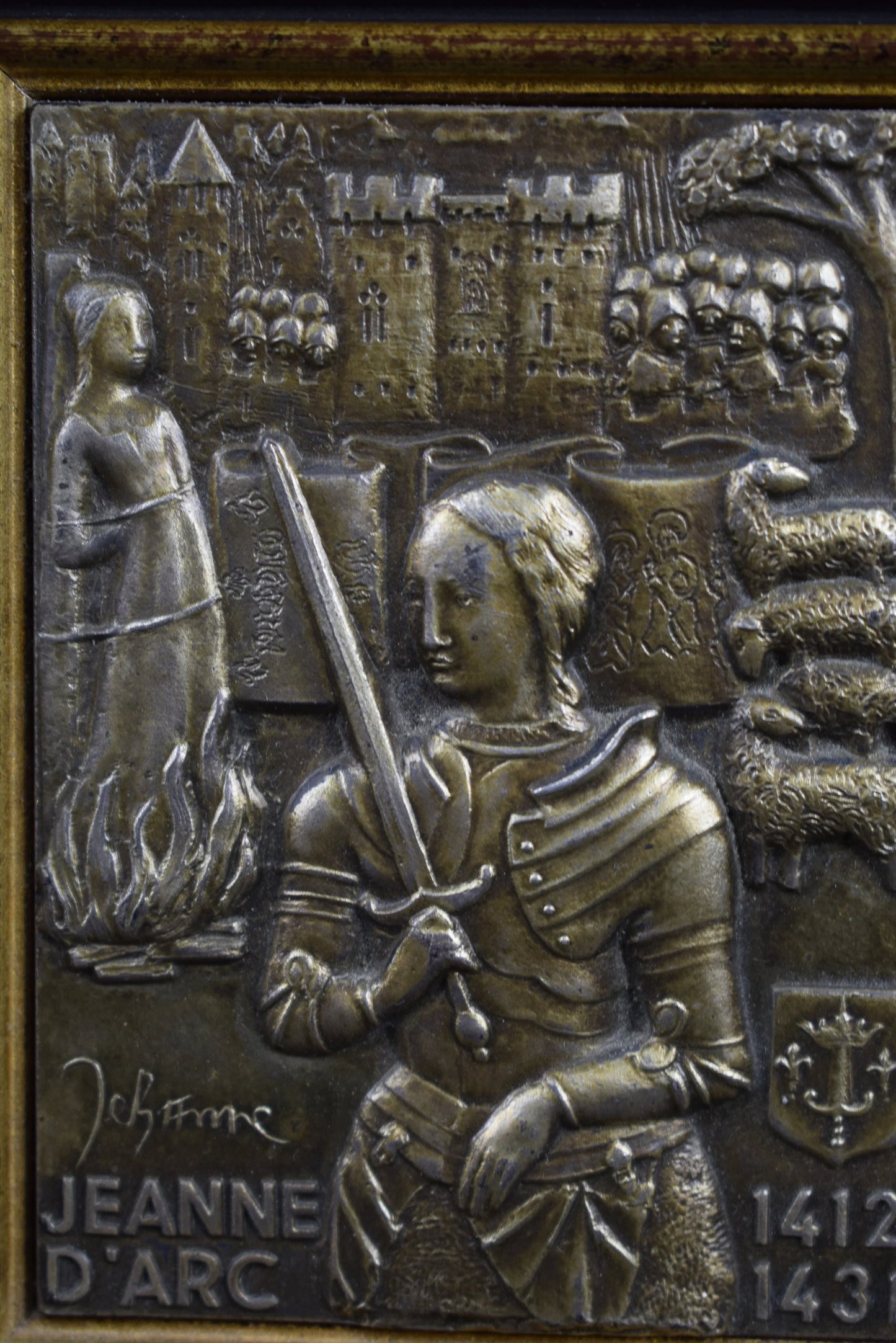 Vintage French Religious Sterling Silver Plaque Joan of Arc, Historical Commemorative Piece