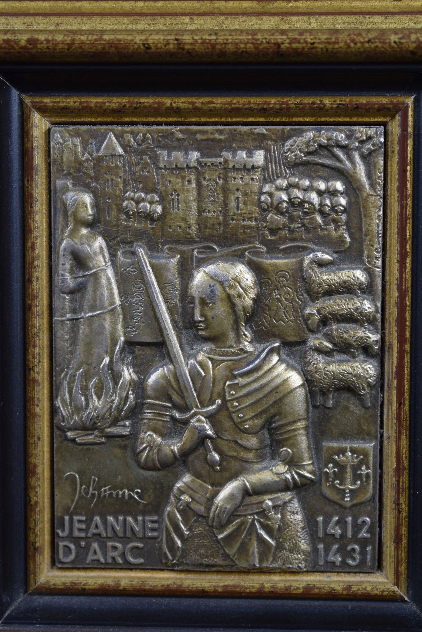 Vintage French Religious Sterling Silver Plaque Joan of Arc, Historical Commemorative Piece