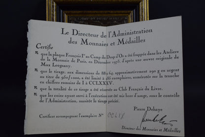 Antique French Sterling Silver Plaque François 1er, Historical Commemorative Artwork