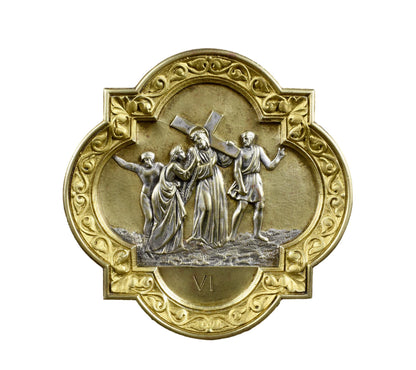 Antique French bronze religious plaque – Jesus meets Saint Veronica, 19th-century Station of the Cross in silver and gilt patina