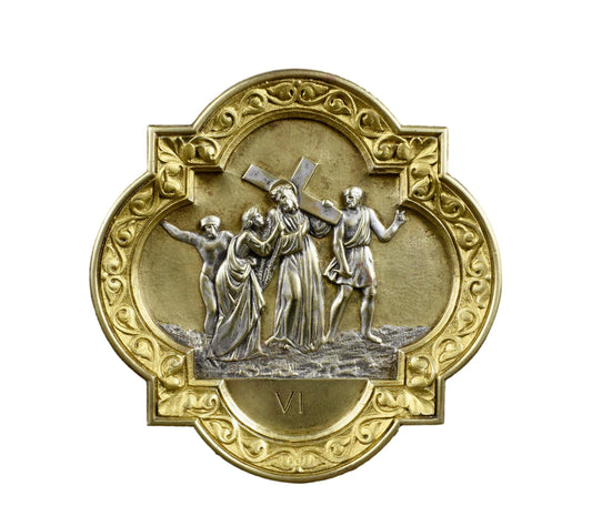 Antique French bronze religious plaque – Jesus meets Saint Veronica, 19th-century Station of the Cross in silver and gilt patina