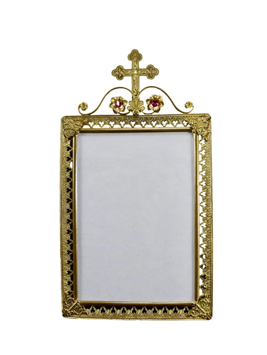 19th century French religious frame in gilded brass with floral motifs and a cross – antique sacred art wall decor.