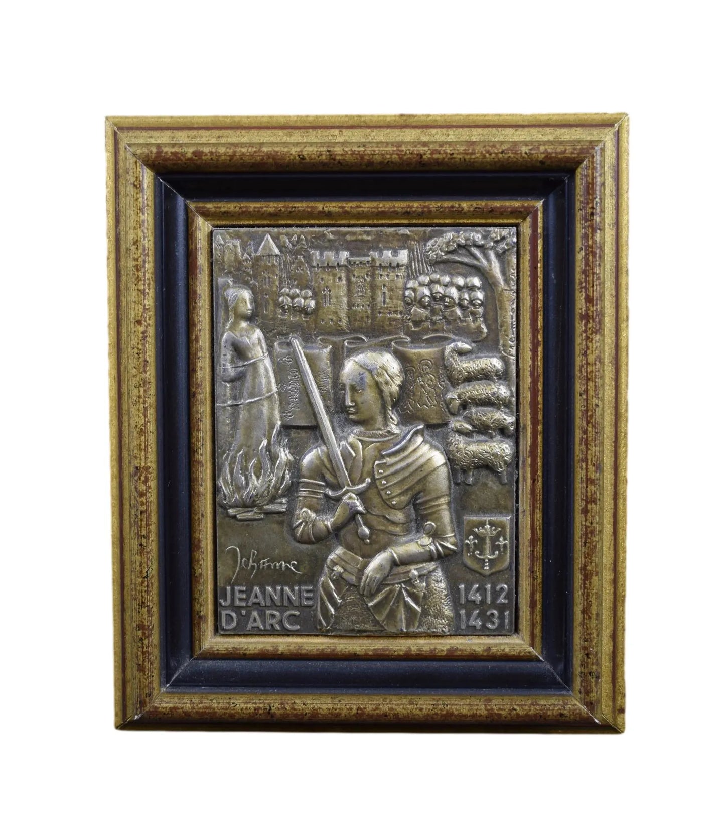 Vintage French Religious Sterling Silver Plaque Joan of Arc, Historical Commemorative Piece