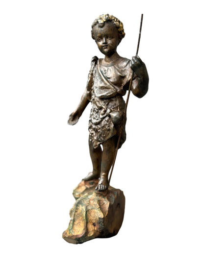 Antique French St. John the Baptist Spelter Statue, Polychrome Olive Wood Base
