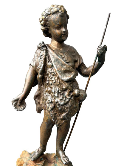 Antique French St. John the Baptist Spelter Statue, Polychrome Olive Wood Base