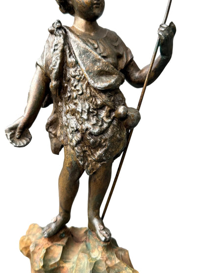 Antique French St. John the Baptist Spelter Statue, Polychrome Olive Wood Base