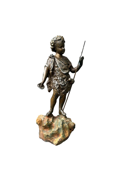 Antique French St. John the Baptist Spelter Statue, Polychrome Olive Wood Base