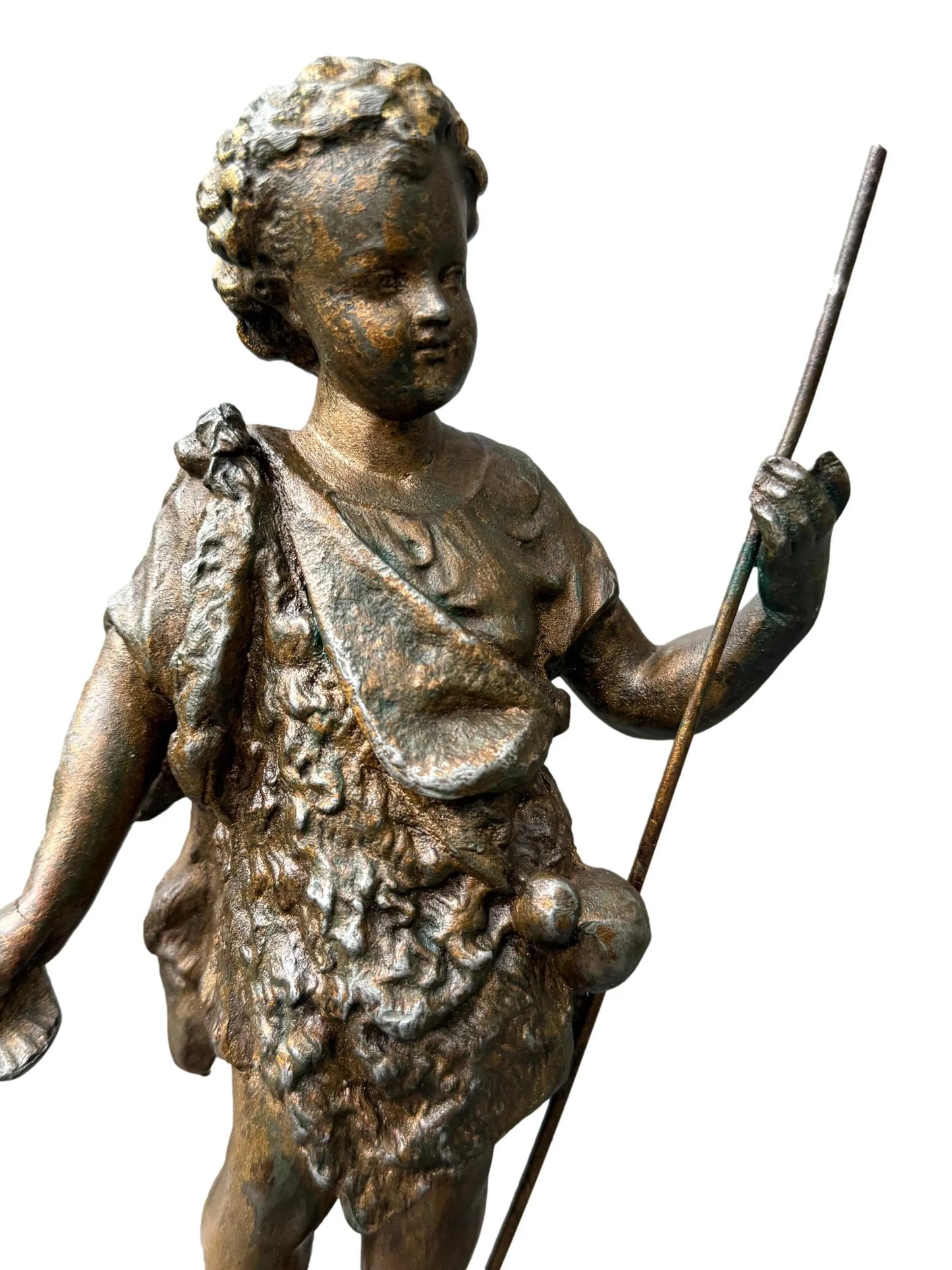 Antique French St. John the Baptist Spelter Statue, Polychrome Olive Wood Base