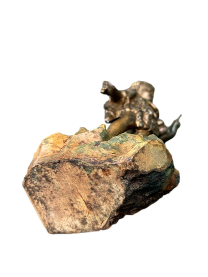 Antique French St. John the Baptist Spelter Statue, Polychrome Olive Wood Base