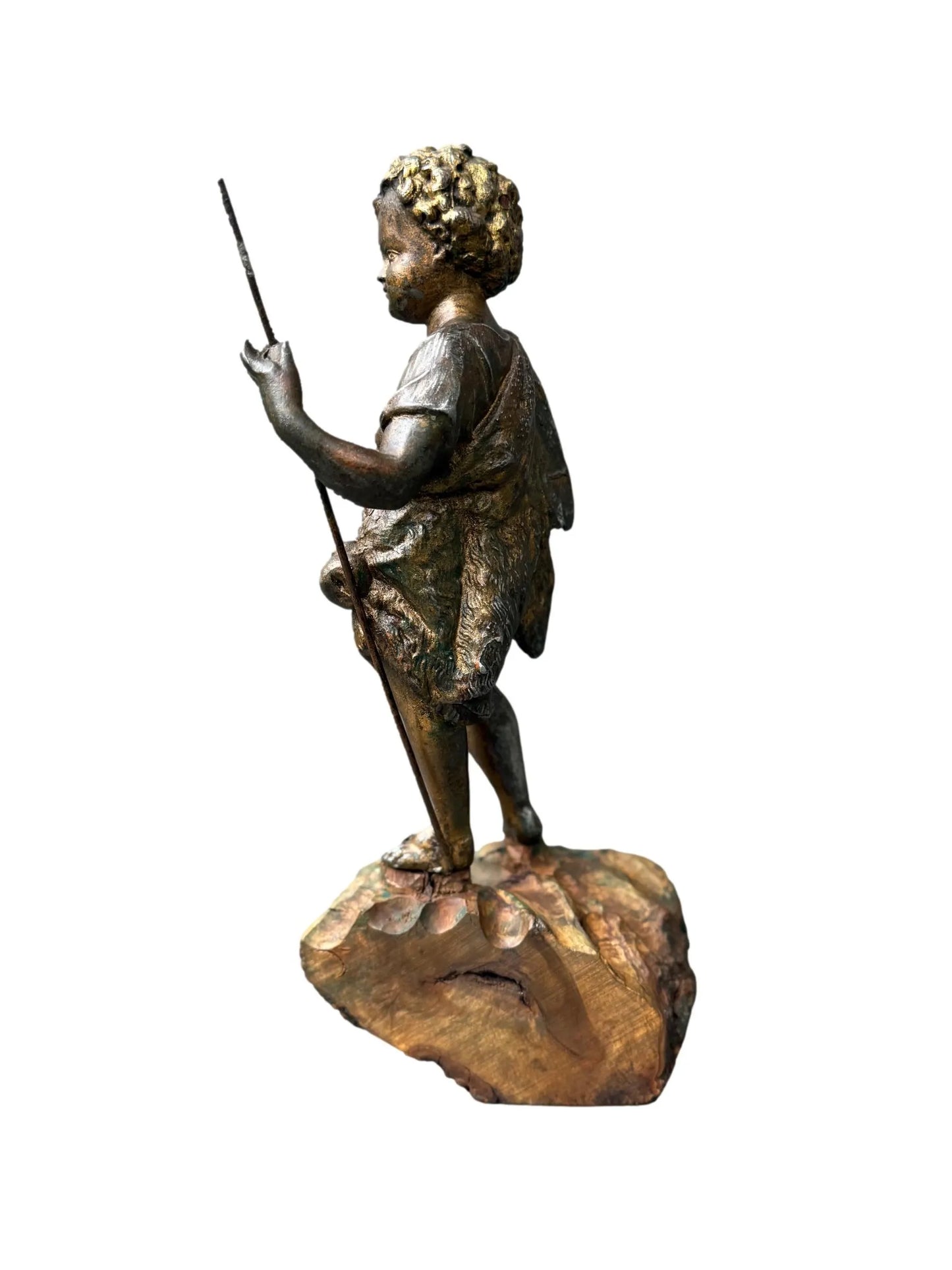 Antique French St. John the Baptist Spelter Statue, Polychrome Olive Wood Base