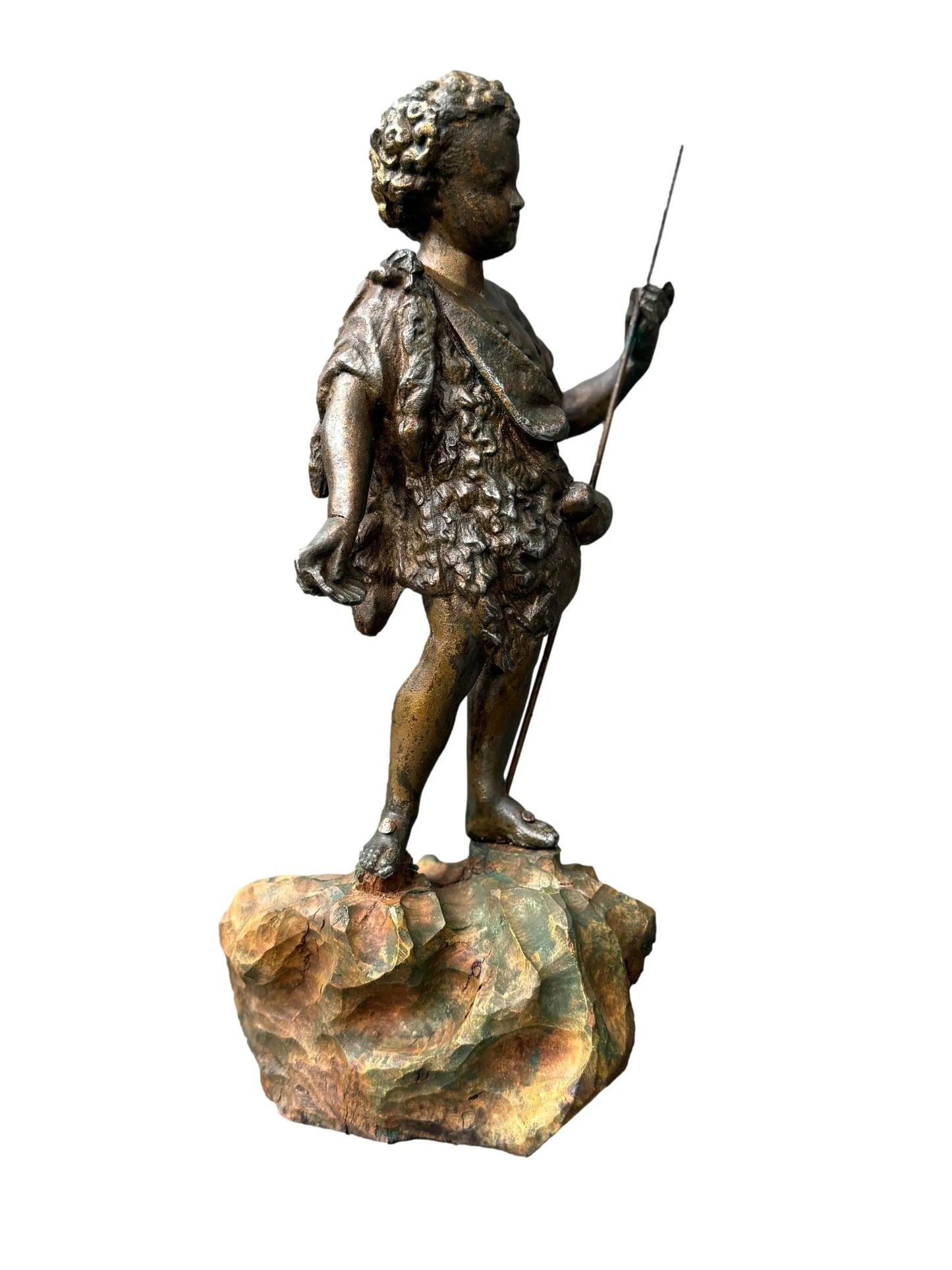 Antique French St. John the Baptist Spelter Statue, Polychrome Olive Wood Base