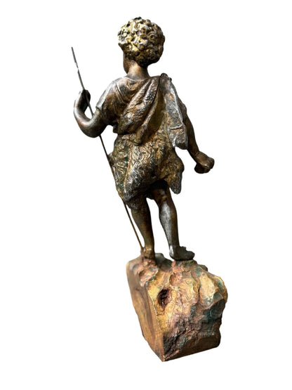 Antique French St. John the Baptist Spelter Statue, Polychrome Olive Wood Base