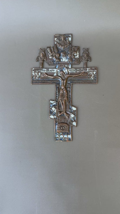 Antique Russian Orthodox Bronze Crucifix – 18th–19th Century Enamel Cross