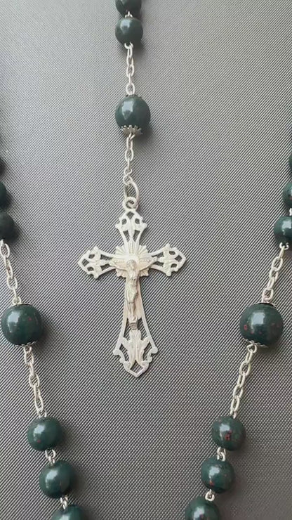 Antique Bloodstone Rosary – Sterling Silver Crucifix – Rare Green Jasper Beads – Catholic Collectible – 1900s