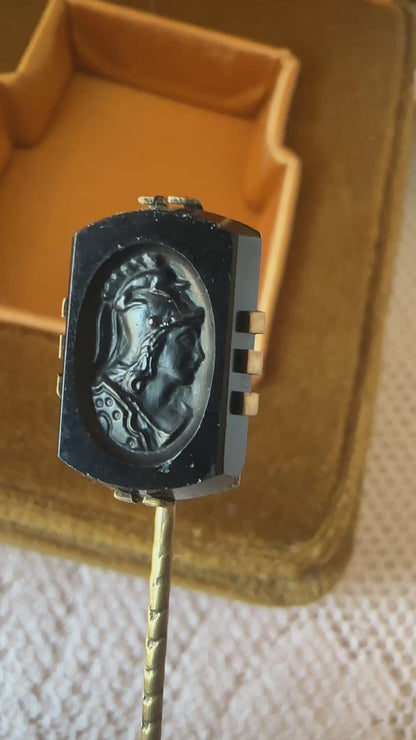 Antique Stickpin Neoclassical Intaglio Black Glass Helmeted Profile Gold Plated Victorian Cravat Pin