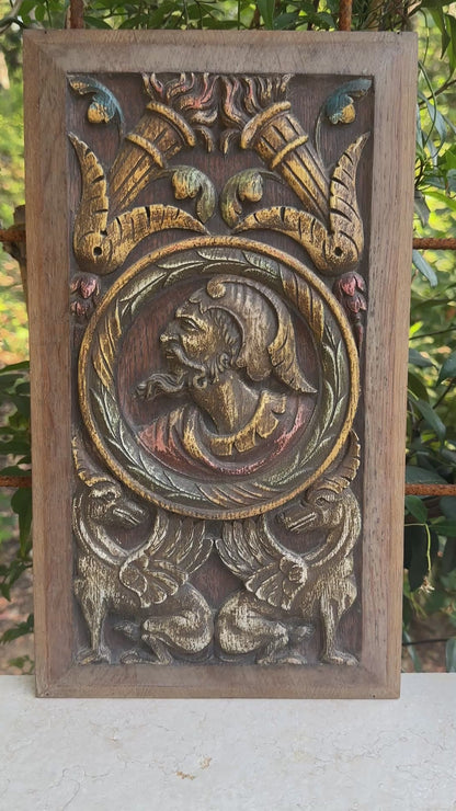 Antique Renaissance Wood Panel, 19thC Hand Carved Wall Art, Polychrome Medallion, Architectural Salvage Decor