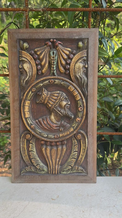 Antique Renaissance Wood Panel, 19thC Hand Carved Wall Art, Polychrome Medallion, Architectural Salvage Decor (Copie)