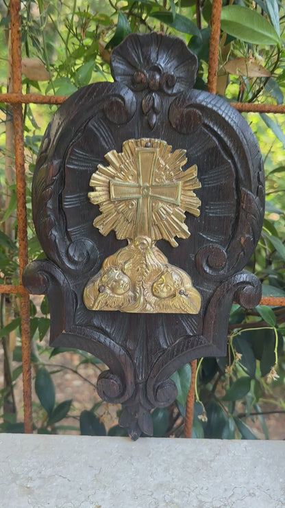 Antique French Wall religious plaque, Carved oak & gilt bronze cross with cherubs, Rococo devotional wall decor, 19th