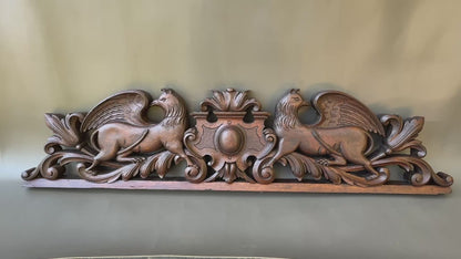 19th Century Carved Oak Pediment with Griffins – French Gothic Antique