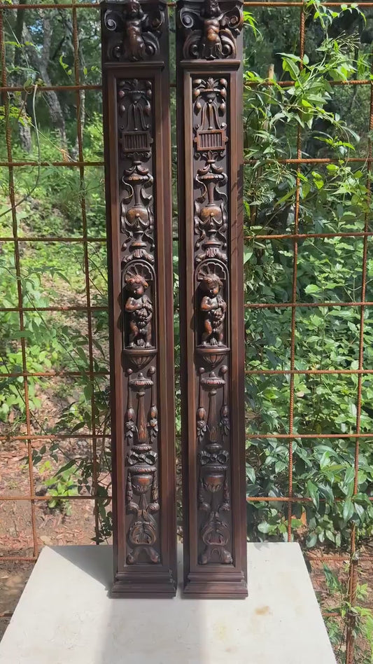 French Pair of Hand-Carved Renaissance Style Wooden Columns, Architectural Salvage, Neo-Renaissance Furniture 1940s