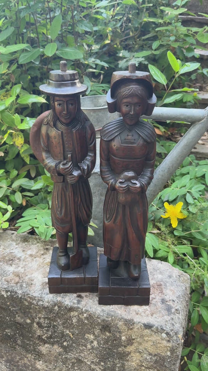 Pair of Hand-Carved Wood Breton Statues – French Folk Art, Circa 1930