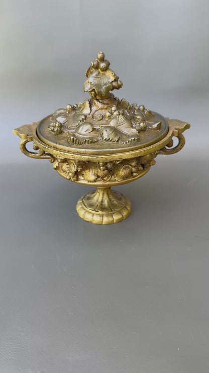 19th Bronze Cassolette Covered Dish – Fruit & Flower Motif