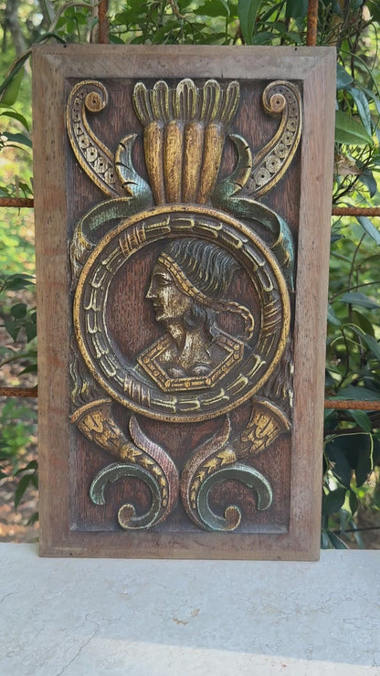 Antique Renaissance Wood Panel, 19thC Hand Carved Wall Art, Polychrome Medallion, Architectural Salvage Decor