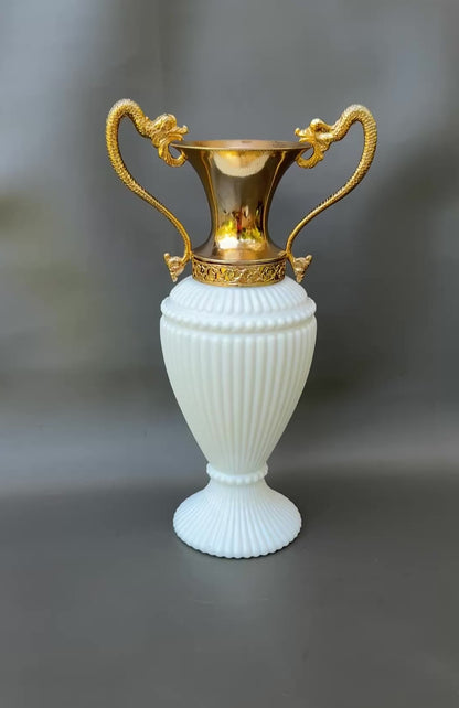 Vintage Empoli White Opaline Vase – Gilt Chimera Handles – 1970s