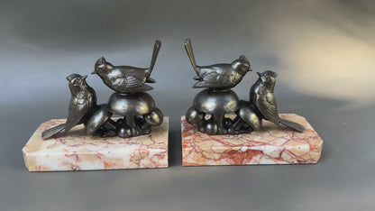 Art Deco Bird Bookends – 1930s French Regule & Marble Birds on Mushrooms