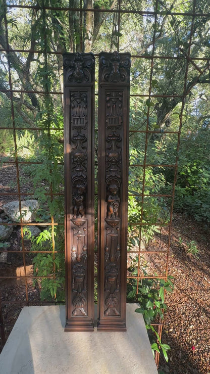 French Pair of Hand-Carved Renaissance Style Wooden Columns, Architectural Salvage, Neo-Renaissance Furniture 1940s