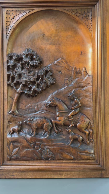 19th Century French Carved Walnut Door – Hunting Scene with Horse and Dogs