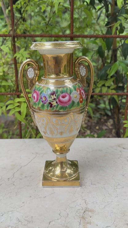 Antique 19th C. French Empire Paris Porcelain Vase - Hand-Painted Floral