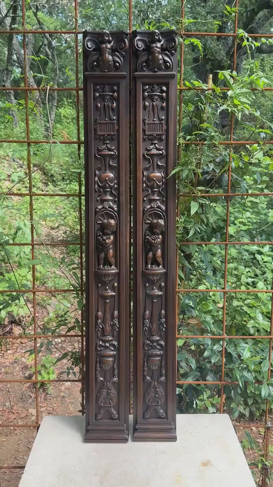 French Pair of Hand-Carved Renaissance Style Wooden Columns, Architectural Salvage, Neo-Renaissance Furniture 1940s