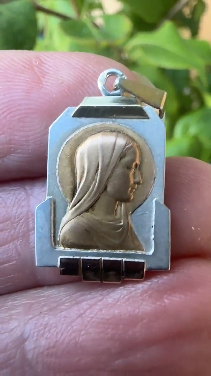 Art Deco French Virgin Mary Medal – 18K Gold & Vermeil on Sterling Silver