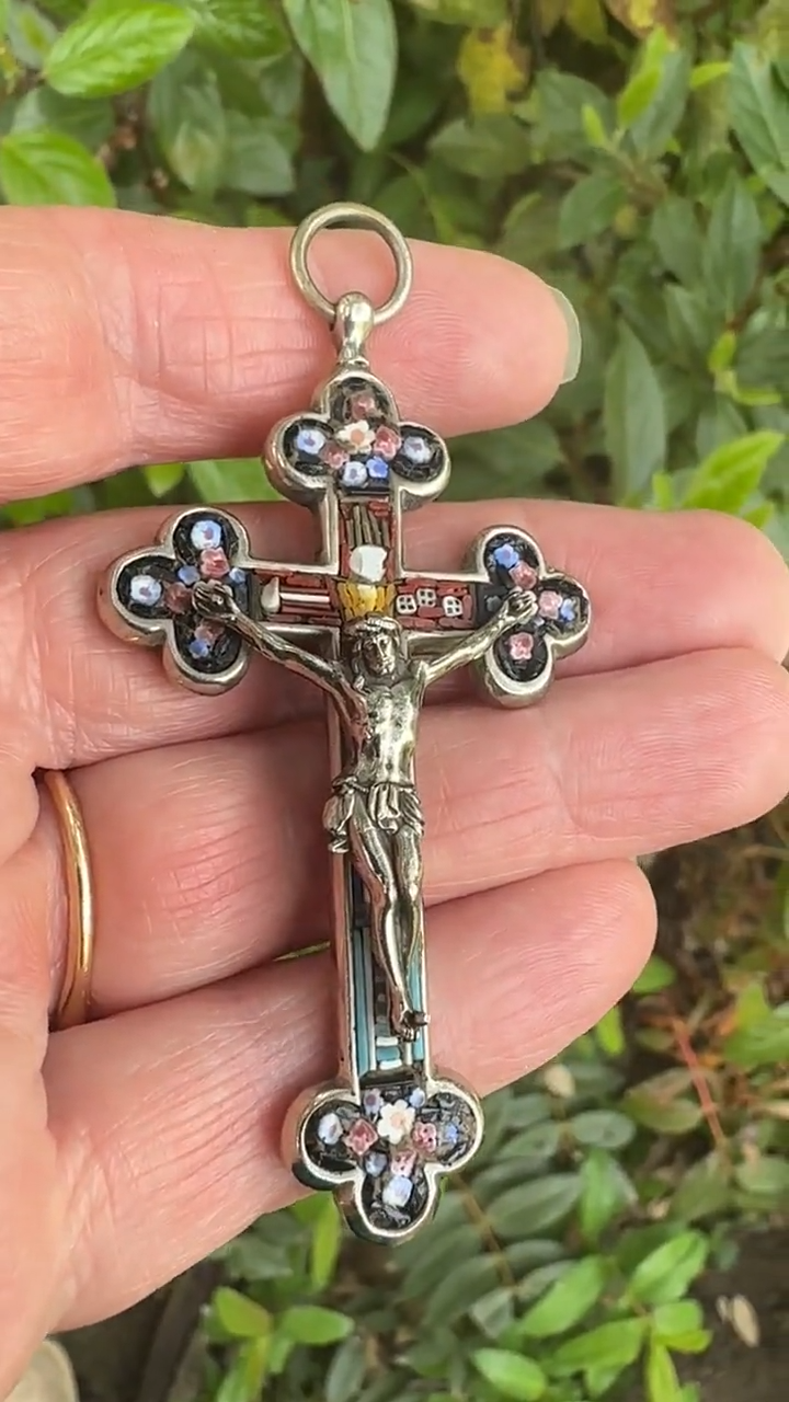 Antique Silvered Bronze Christian Cross with Micro-Mosaics – Arma Christi Symbols