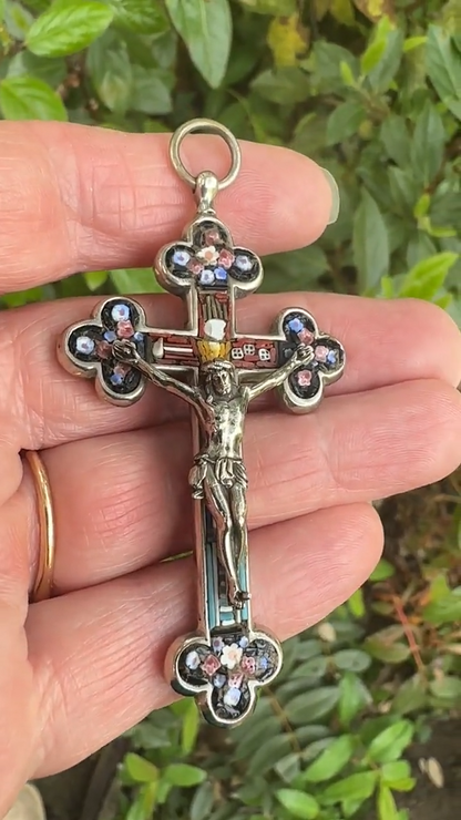 Antique Silvered Bronze Christian Cross with Micro-Mosaics – Arma Christi Symbols